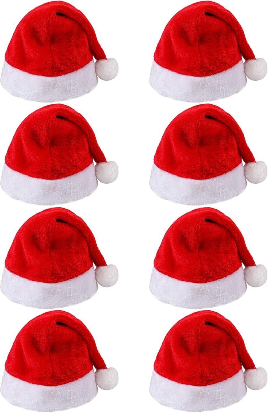 6191 Red Christmas Hat 8Pcs, Santa Hats for Adults, Unisex Red Velvet Xmas